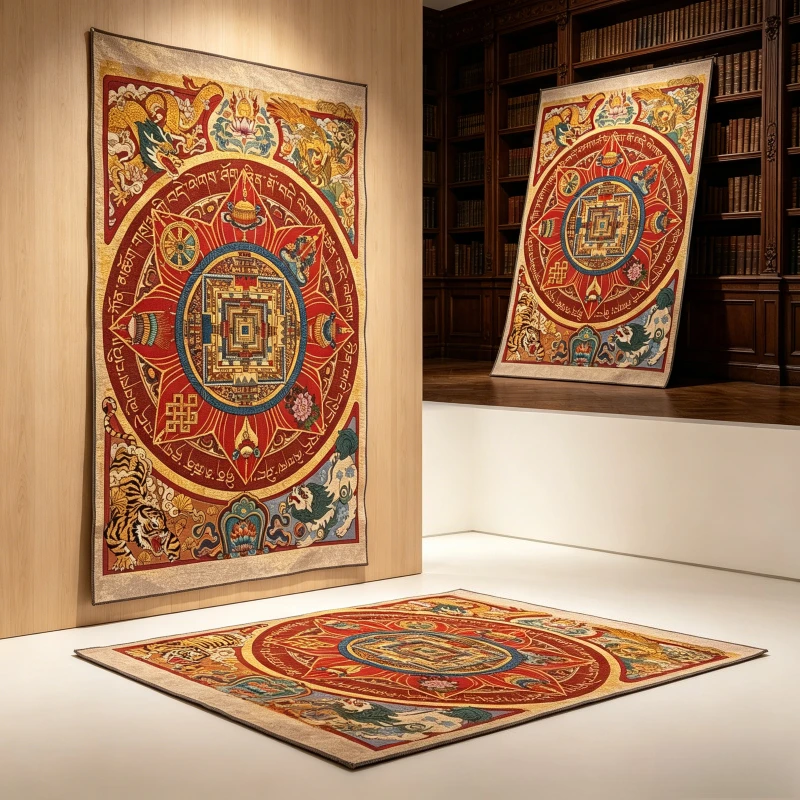 35.4″ Eight Treasures Mandala Brocade Tibetan Tangka Embroidery Painting Gold Thread Embroidery Decorative Hanging Pictures