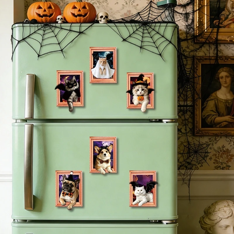Halloween Pet Portrait Fridge Magnet with Layered Framed 3D Look, Note Holders Decors for Refrigerator Kitchen B03E