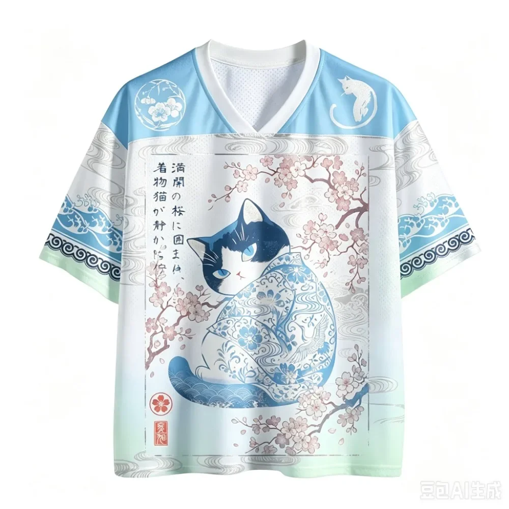 Retro-Kirschblüten-Katzen-3D-Druck für Herren und Damen, V-Ausschnitt, sportliches, atmungsaktives, locker geschnittenes T-Shirt – Hip-Hop, urban, Y2K, Familienbekleidung – Detail 5