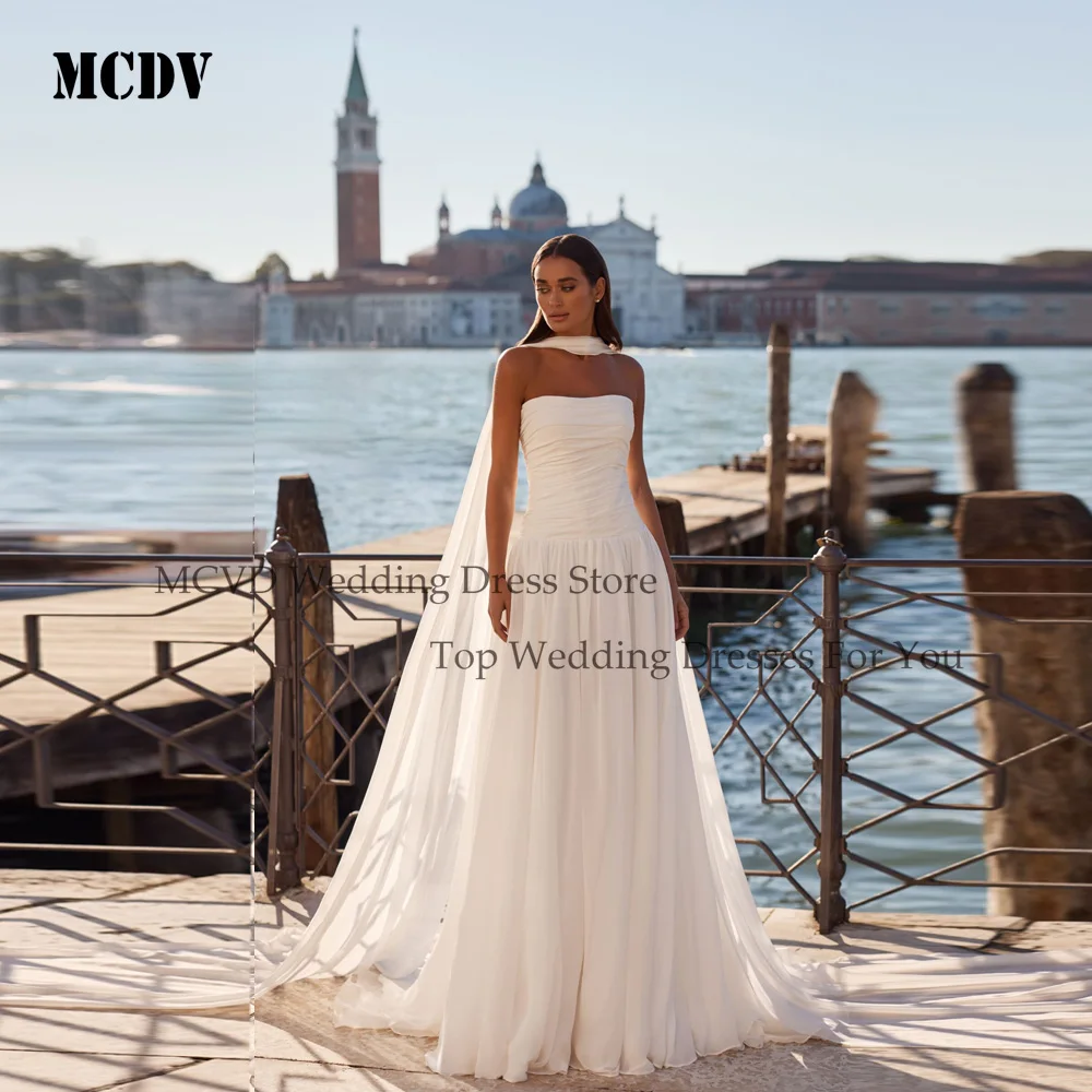 

MCDV Chiffon Beach Wedding Dresses Strapless Pleat A-Line Civil Bride Gowns Customized Sleeveless vestidos de novia Customized