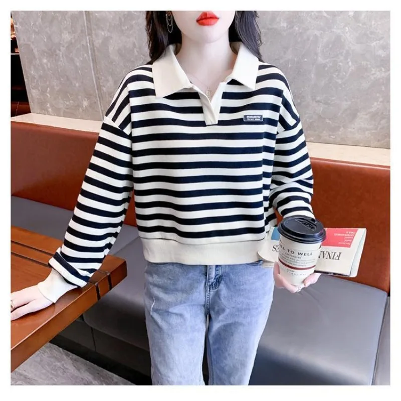 Spring and Autumn Women\'s Polo Neck Long Sleeves Loose Pullovers Striped Epaulet Fashion Casual All Match Commute Tops