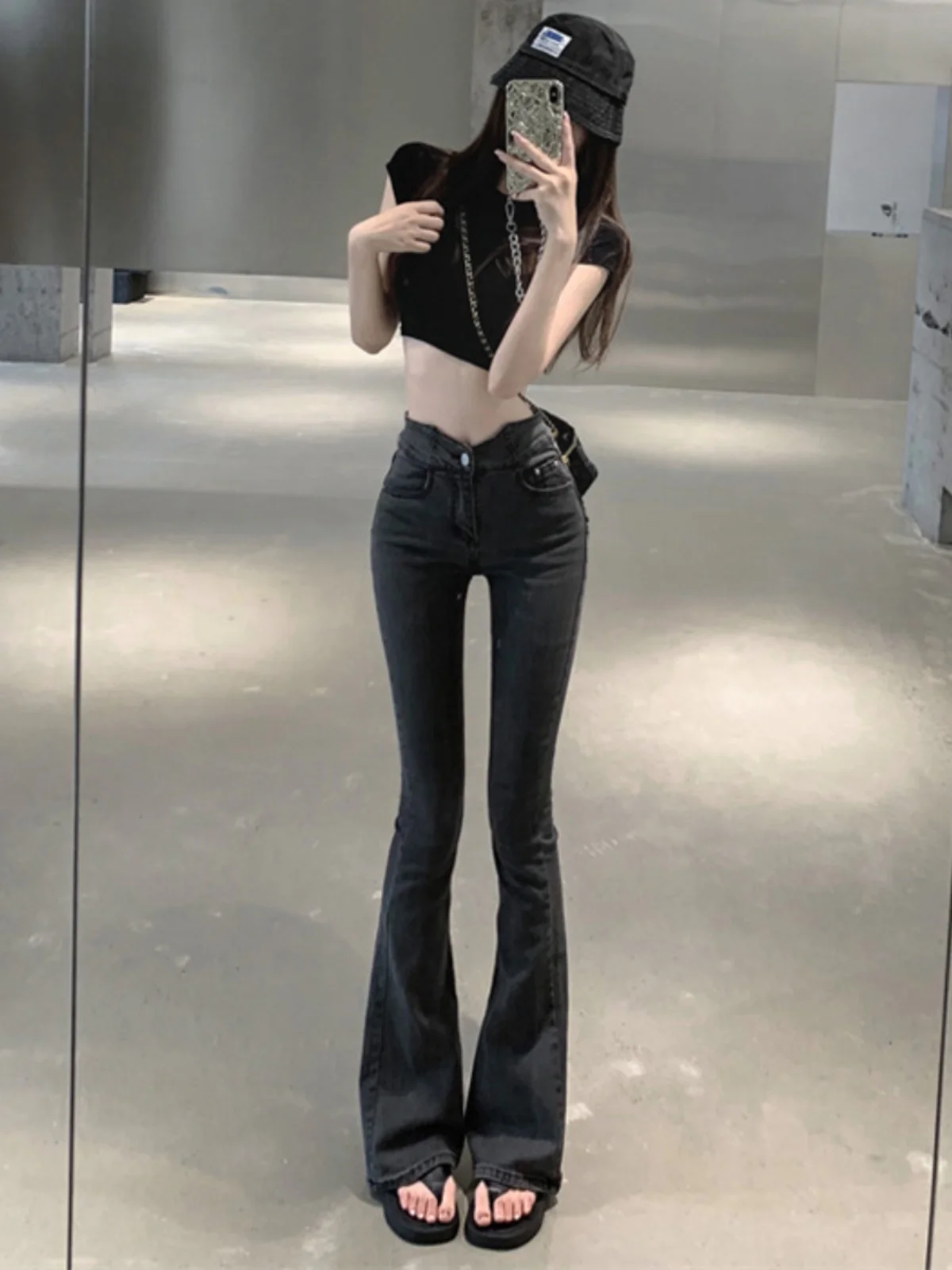 

Sexy Pure Desire Heart Design High Waist Flared Jeans Slimming Effect Long Pants Coated Denim Summer Faion for Young Women