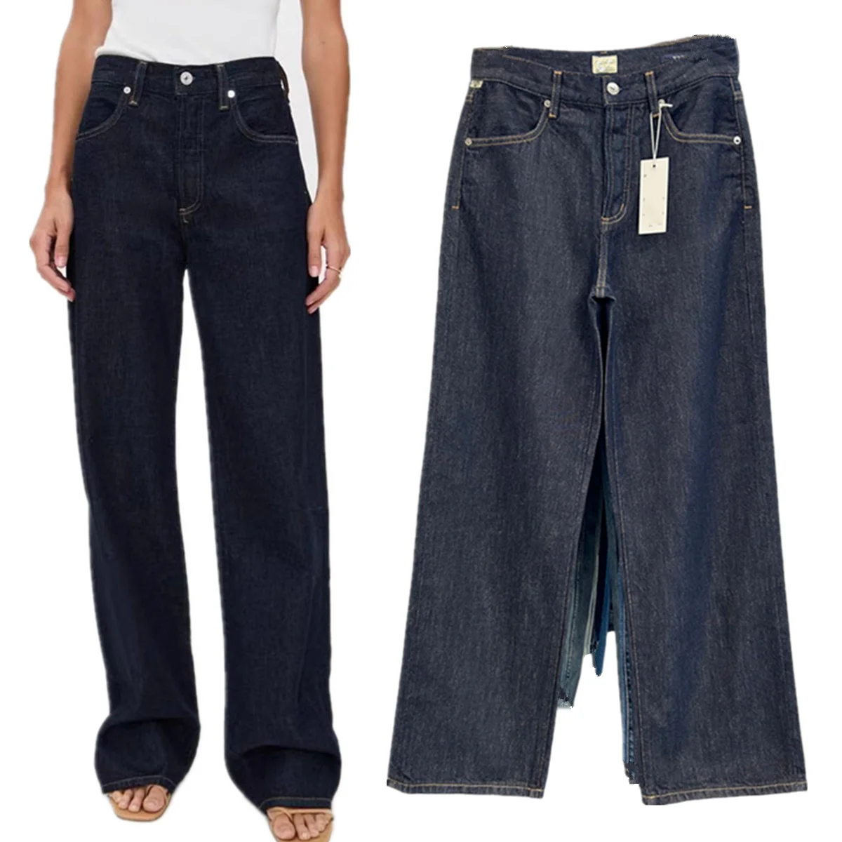 제니&데이브 패션 여성 청바지 여성 데님 바지 여성 의류 하이웨이스트 네이비 색바램 방지 여성 스트레이트 진