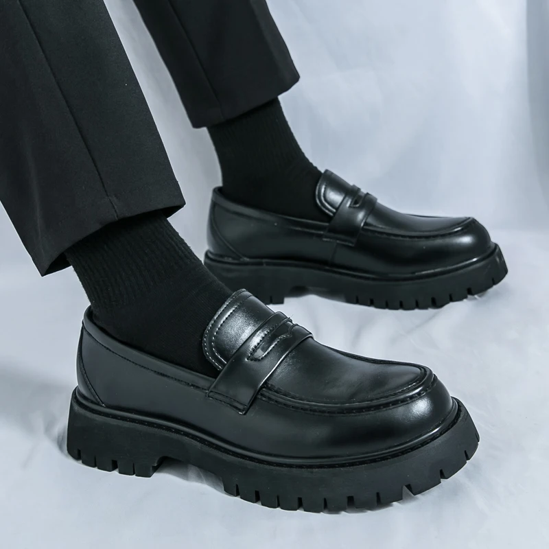 

Comfortable Casual Men's Shoes Spring Summer New Style Thick Heel Slip-On Large Size Fashionable All-Match Leather Shoes