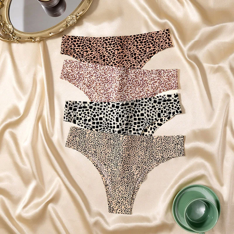 3PCS/Set Women\'s Panties Fashion Low Rise Leopard Bikini Sexy Seamless Underwear Silk Satin Lingerie Sports Fitness G-Strings