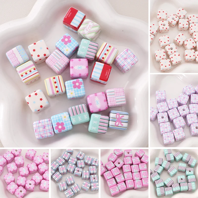 

2Pcs Colorful Pattern Printing 14mm Square Beads Cube Acrylic Beads For Jewelry Making Handmade DIY Bracelets Keychain Materials