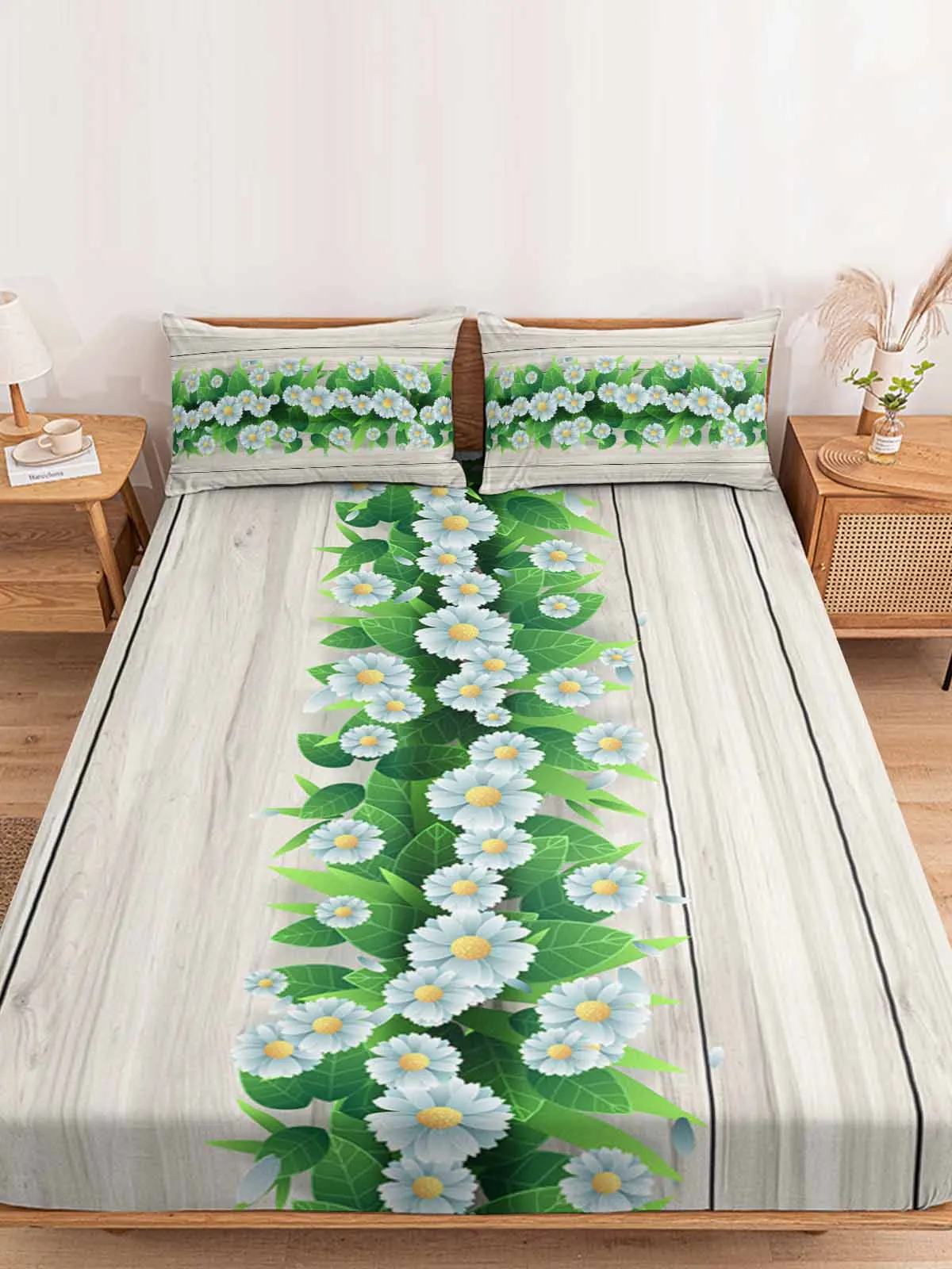 Daisy Wood Grain Retro Fitted Bed Sheet Cover Elastic Band Anti-slip Mattress Protector for Single Double King