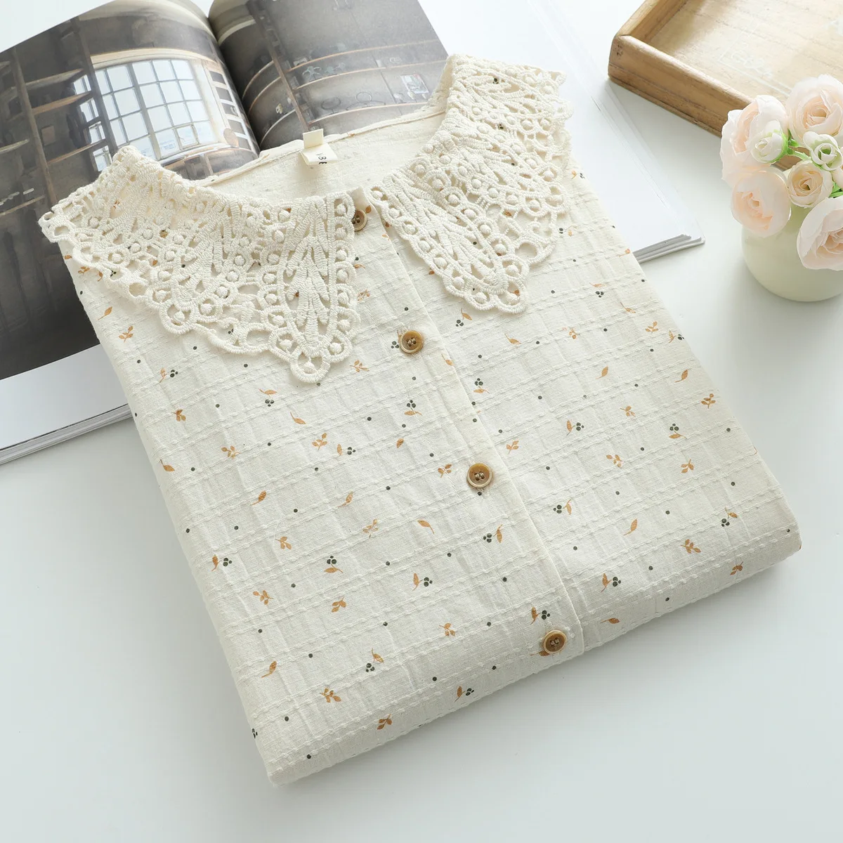 New 2025 Autumn Cotton Long Sleeve Shirt, Women Peter Pan Collar Lace Print, Mori Girl French Temperament Loose Blouse T5O460CC