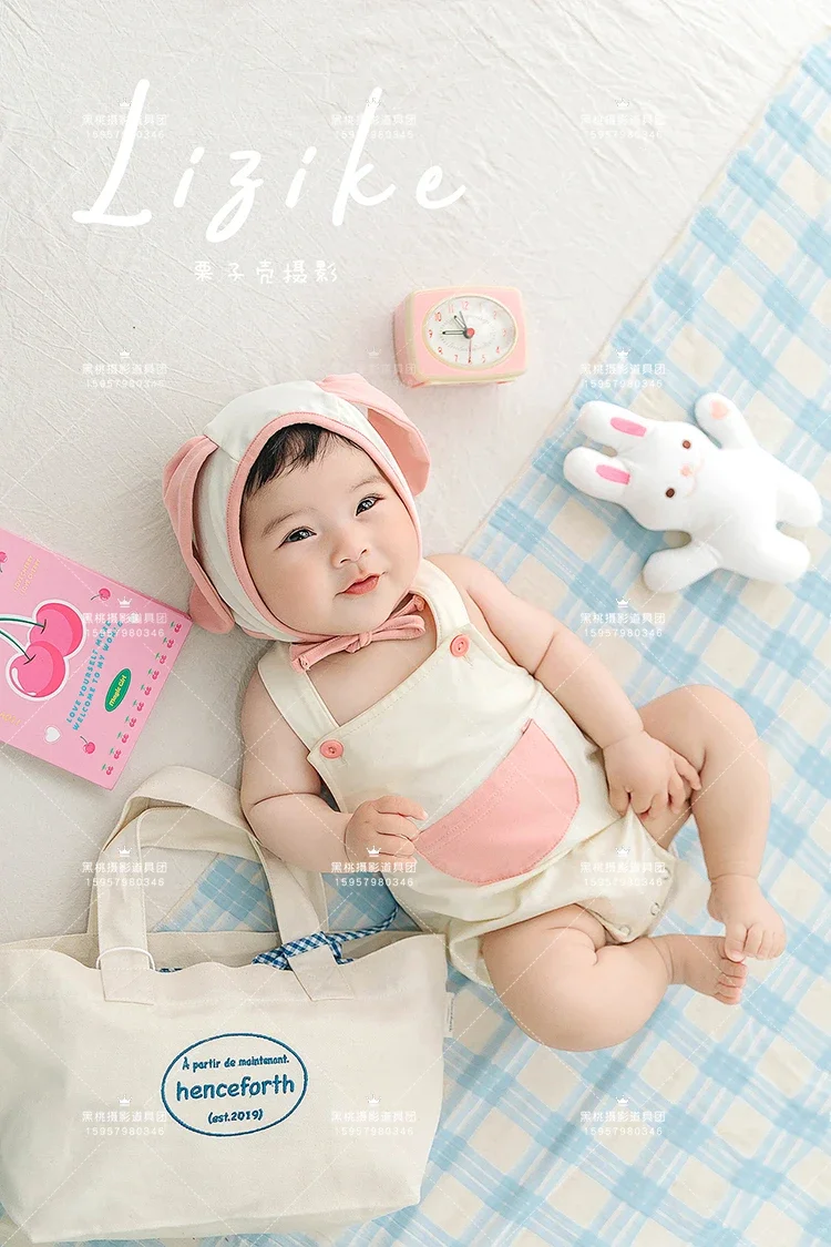 Fresh blue checkered pink rabbit girl treasure hundred day old photography costume rabbit year costume props fotografia  bebê