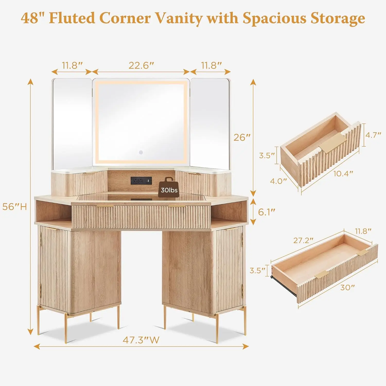 Makeup Vanity Desk with HD Triple Mirror and Lights, Large Lighted Corner Vanity with Glass Top