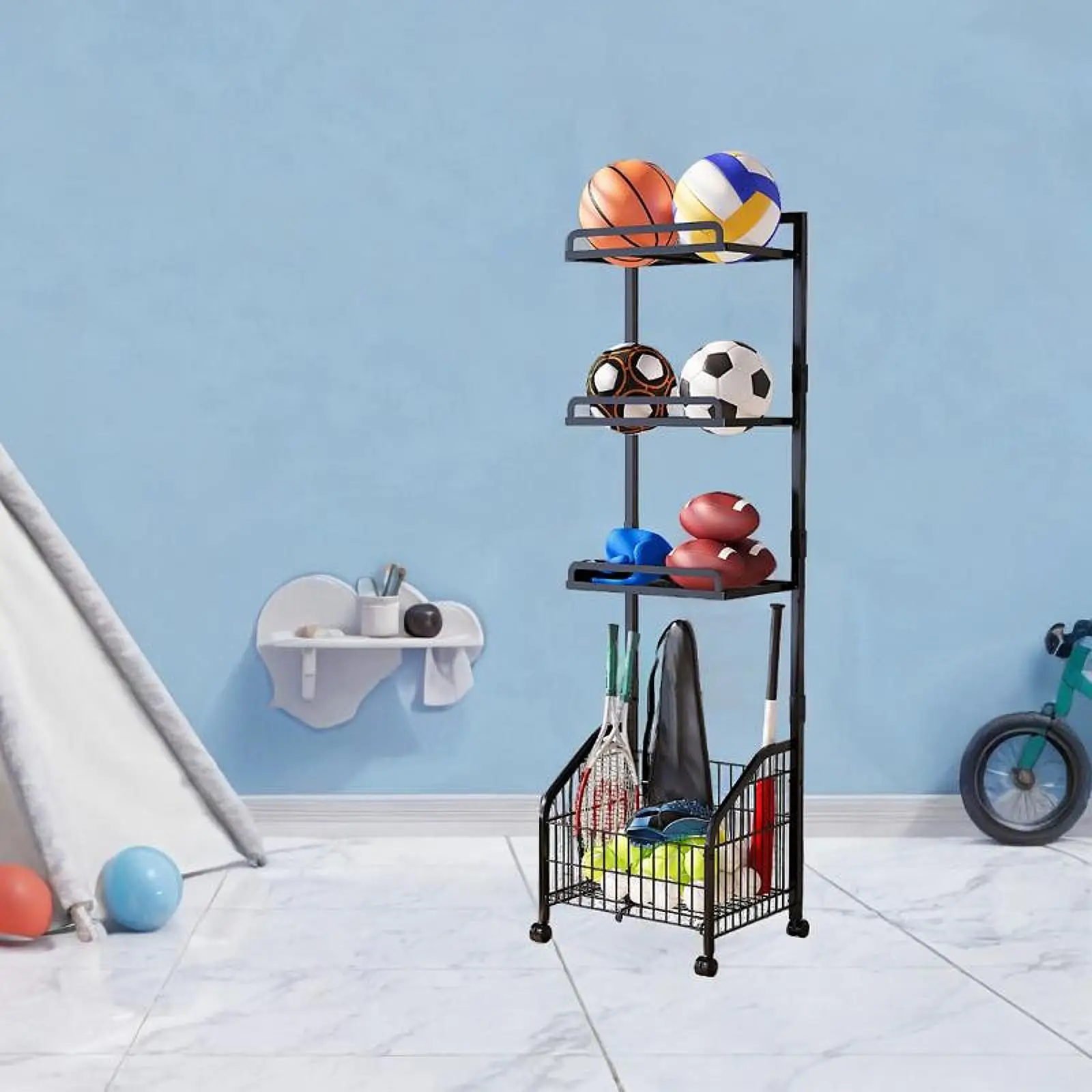 

Indoor Basketball Rack Ball Storage Holder Indoor Outdoor with Wheels, Metal
