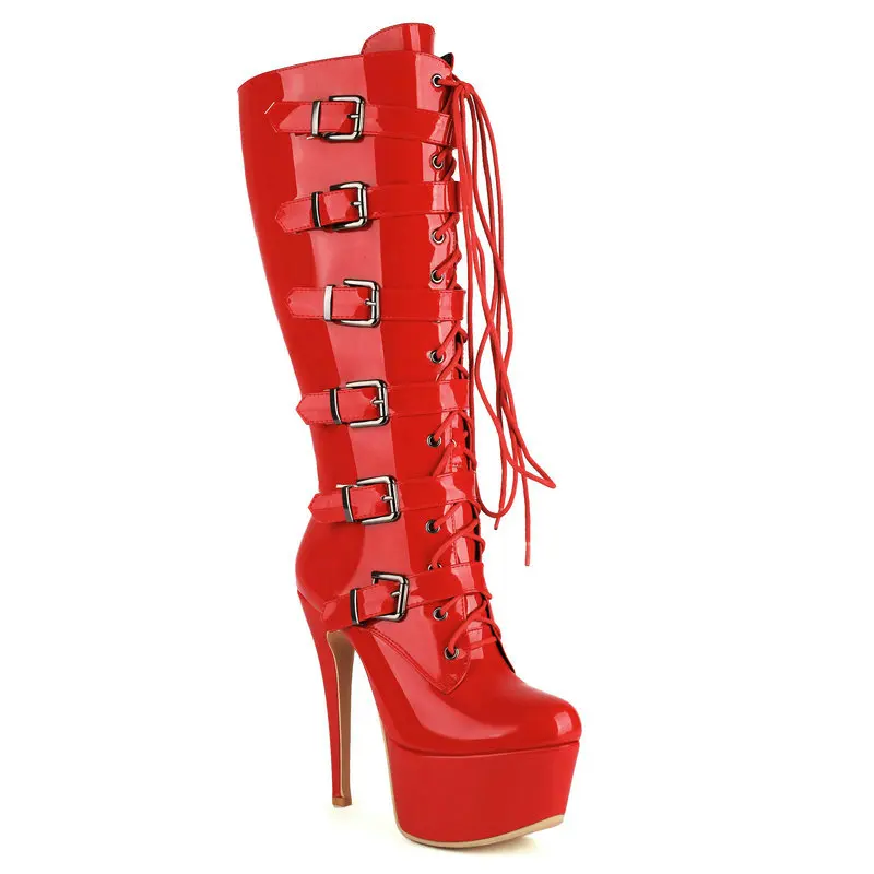 Extreme Spike High Heels Sexy Stripper Shoes Lace-up Buckle Belt Patent Leather Red Black Platform Mid-calf Women Boots Size 48