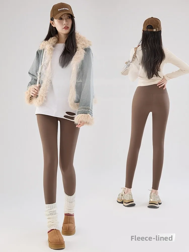 Caramelo alpaca fce calças de pele de arca de cintura alta yoga fitn nove-tenças camada base outono inverno outerwear