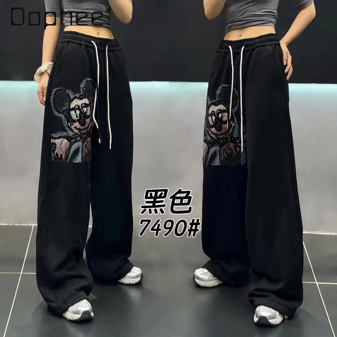 

Black Cartoon Printed Fleece-Lined Pants Autumn Winter New Casual Pants Women High Street Slimming Wide-Leg Trousers
