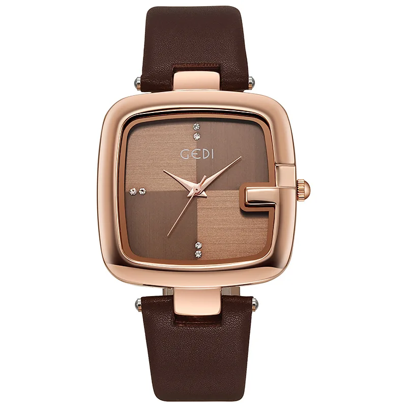 Fashion Gedi Top Brand Light Luxury Large Square Dial Women\'s Niche High-end Leather Strap Quartz Waterproof Gift Wrist Watches