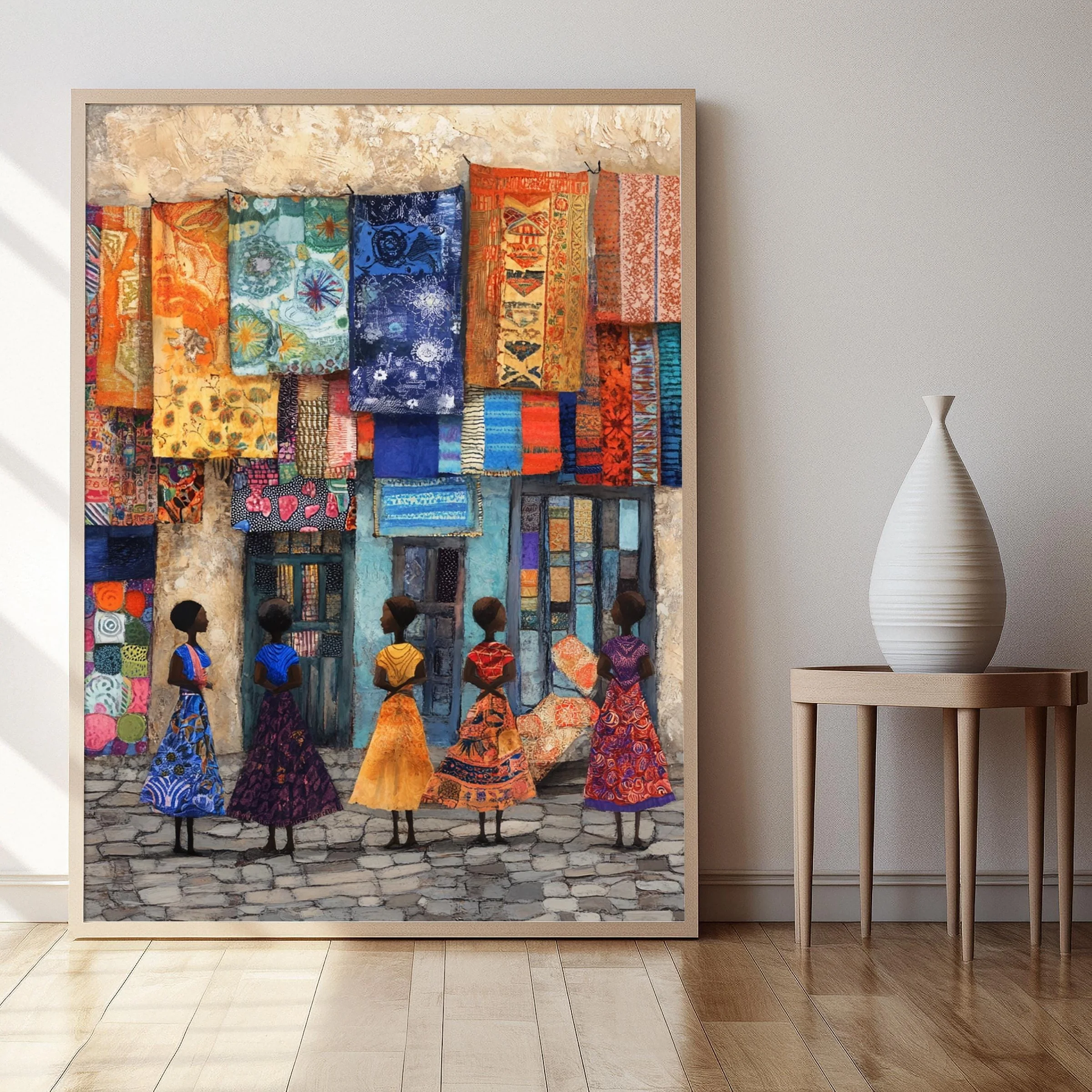 Colorful Market Scene Goods Ornate Rugs Poster African Culture Kente Cloth Marketplace Canvas Painting Wall Art Room Home Decor