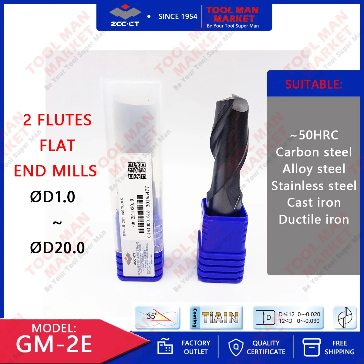

GM-2E ZCCCT 2 Flutes Flat General Solid Carbide End Mills D1.0~D20.0 Tungsten Steel Alloy Straight End Mill