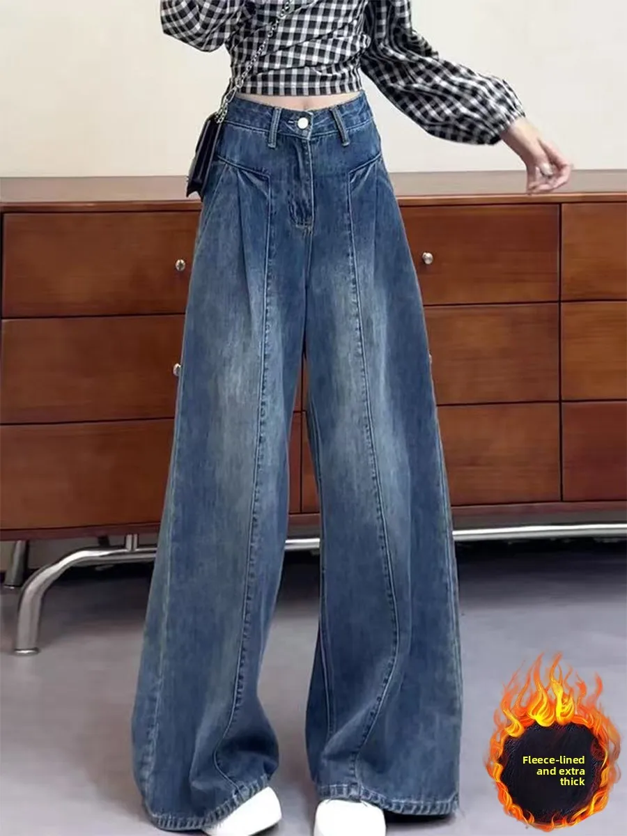 

plus Size Fce Lined Thi Denim Pants Women Winter Pear ape Body Loose High Waist Slim Straight Leg Wide Leg Trousers