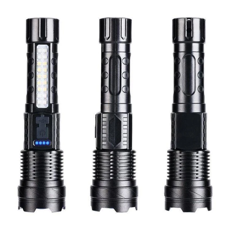 Laser telescopic zoom Rechargeable LED strong light flashlight home outdoor red and blue warning COB side light
