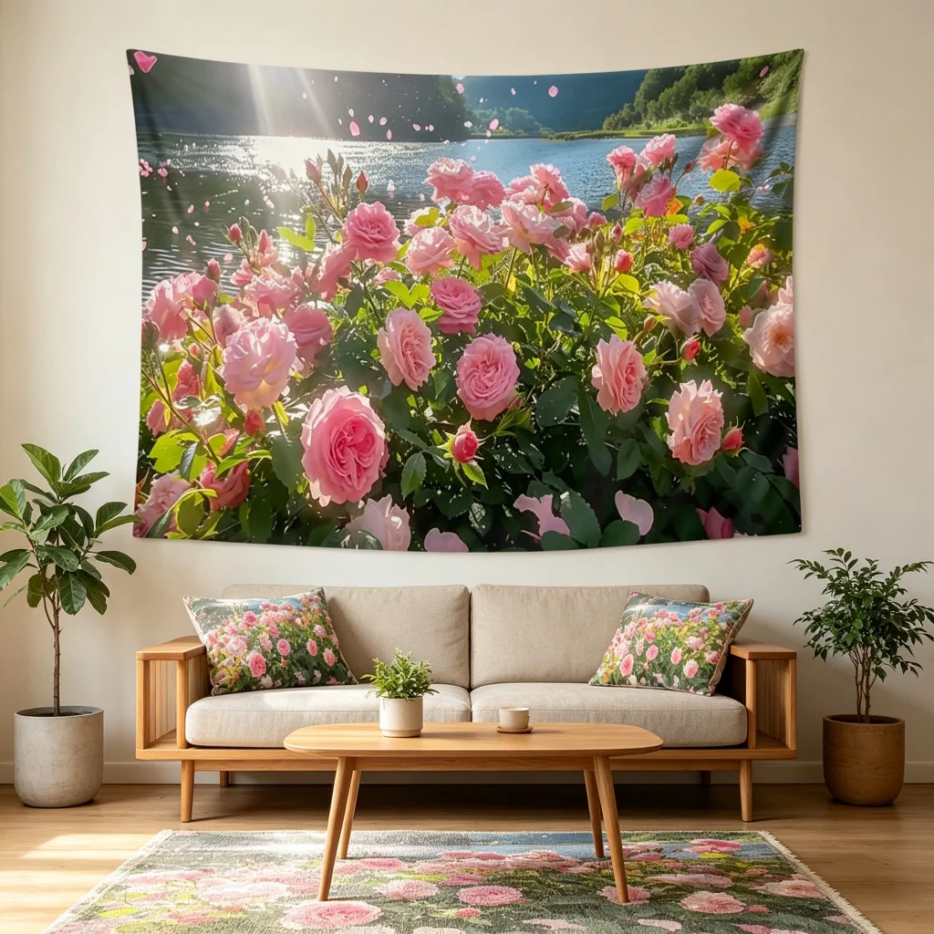 1PC Rose Flower Lake Mountain View Print Backdrop Banner, Bedroom Living Room Photo Background, Polyester, Home Decor, Wall Art