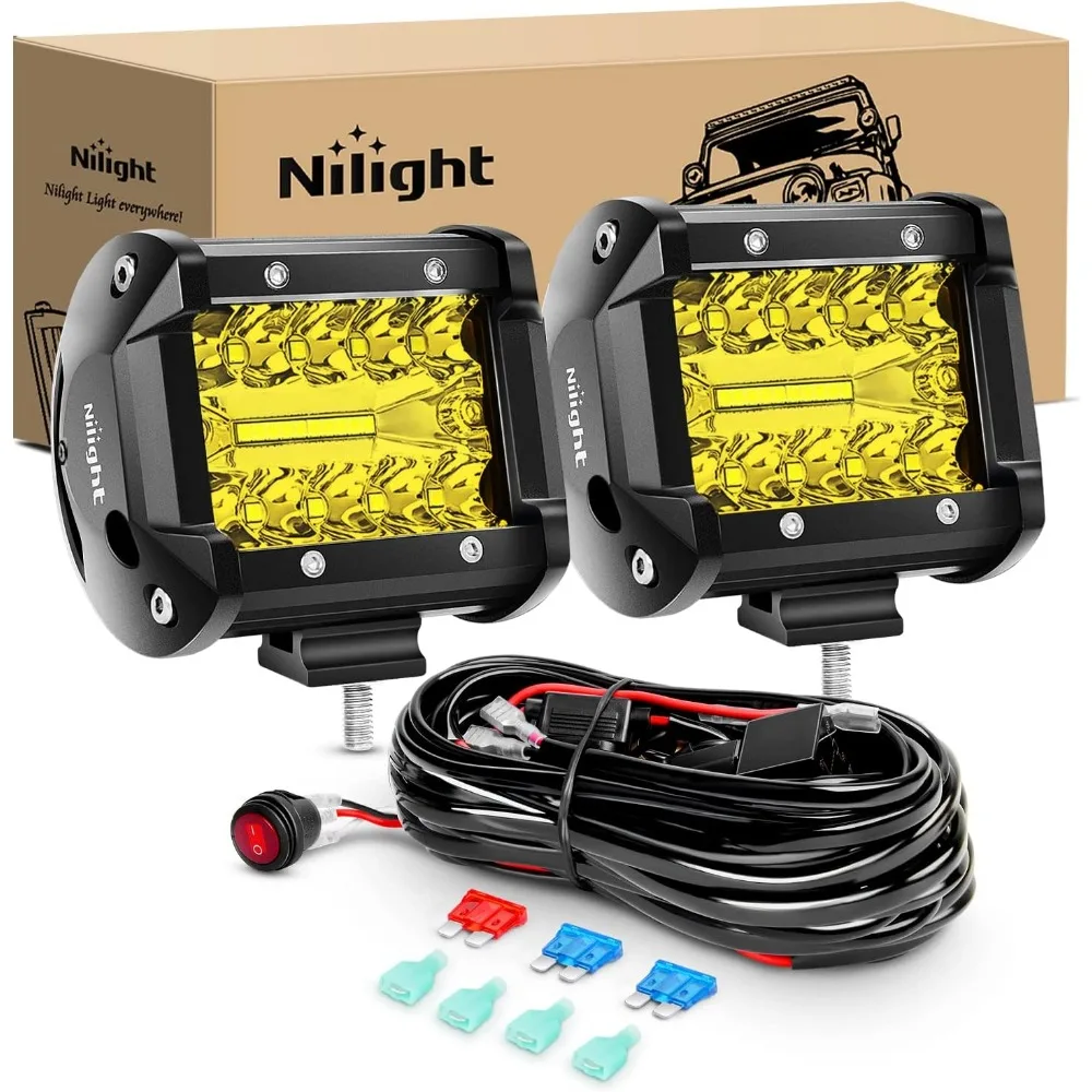 

2 Pack 4 Inch Yellow Triple Row LED Pods 60W Flood Spot Combo with Switch Wiring Harness for Offroad Vehicles