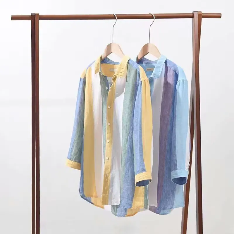 

Свободный крой, мужской льняной цветной тканый полосатый семи четвертей Све, хлопково-льняной повседневный летний дышащий рюкзак