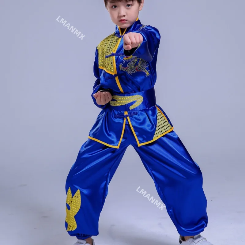 Child Boys Girls Children Chinese Traditional Sequin Dragon Embroidery Wushu Tai Chi Kung Fu Uniforms Stage Performance Outfits