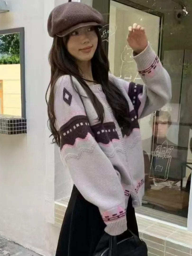 Herfst Gebreide Trui Dames Design Sensation Diamond Color Blo Afslanken Veelzijdig Open Vest Koreaanse Sle Loose Fit Lon...