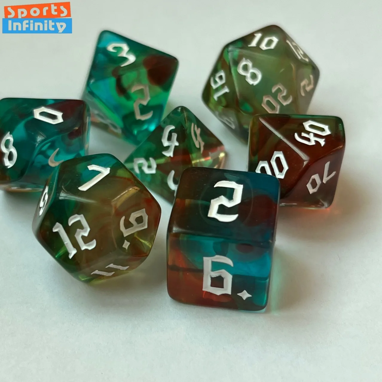 

7PCS of New Four-color Number Dice Kit Polyhedral Dice D20 D12 D10 D8 D6 D4 DND RPG Board Game Entertainment Digital Dice Set