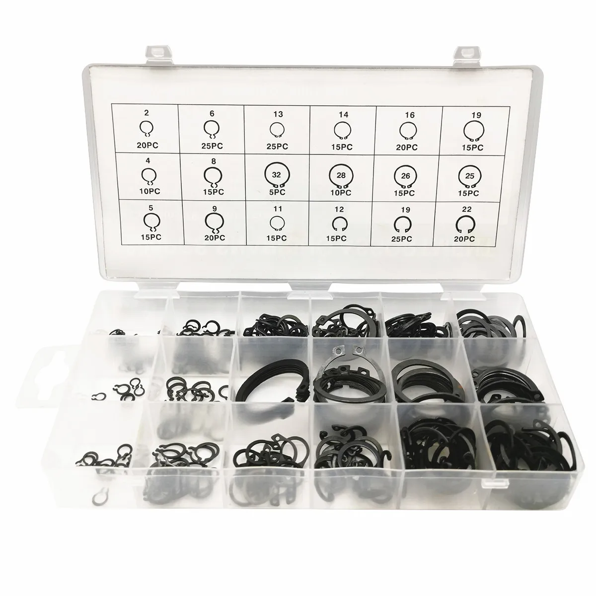 

300PC Set Hardened Steel C-Type Circlip/Snap Ring Assortment Kit 3-32mm Internal External Retaining Rings for Shafts and Holes