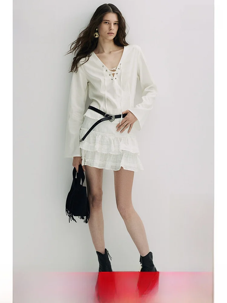 

Свободная женская блузка с длинным рукавом и V-образным вырезом, повседневная, черно-белая, с завязками на талии, весенняя мода H&M 26845