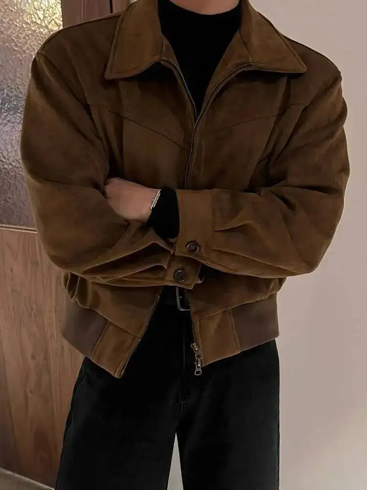 

2025 Niche Design Men's Jackets Lapel Solid Color Casual Zipper Menswear Loose Microsuede Loose Male Short Coats Korean