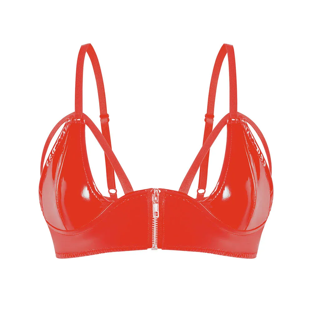 Reggiseno da donna con cerniera aperta, reggiseno per ragazza sexy, lingerie sexy, gilet in PVC, gilet, canotta in pelle verniciata con seno a metà esposto