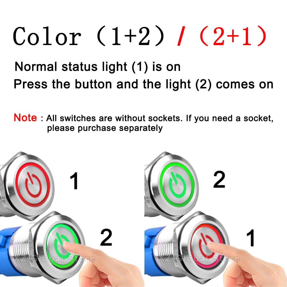 Two-color Power Logo 19mm 22mm Customize Metal Push Button Switch With Waterproof Lamp Car ON OFF Momentary Latching 12V 220V