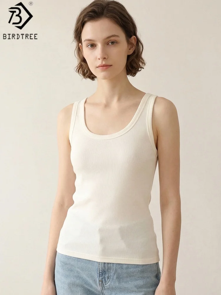 

Женский облегающий топ Birdtree из смесового шелка, с U-образным вырезом, однотонный, без рукавов, базовый, высокоэластичный, весна 2026, новинка T63036JF