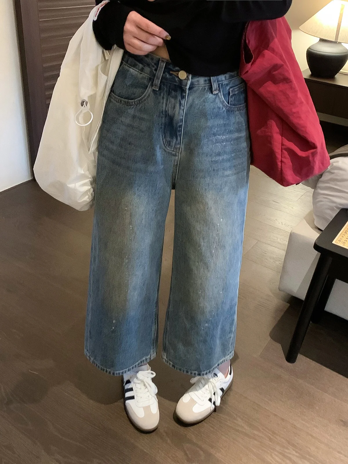 

Love Devil Fish Blue Vintage Washed Denim Pants Women's Loose Straight Leg Wide Leg Trousers Spring 2026 New Style High Waist...