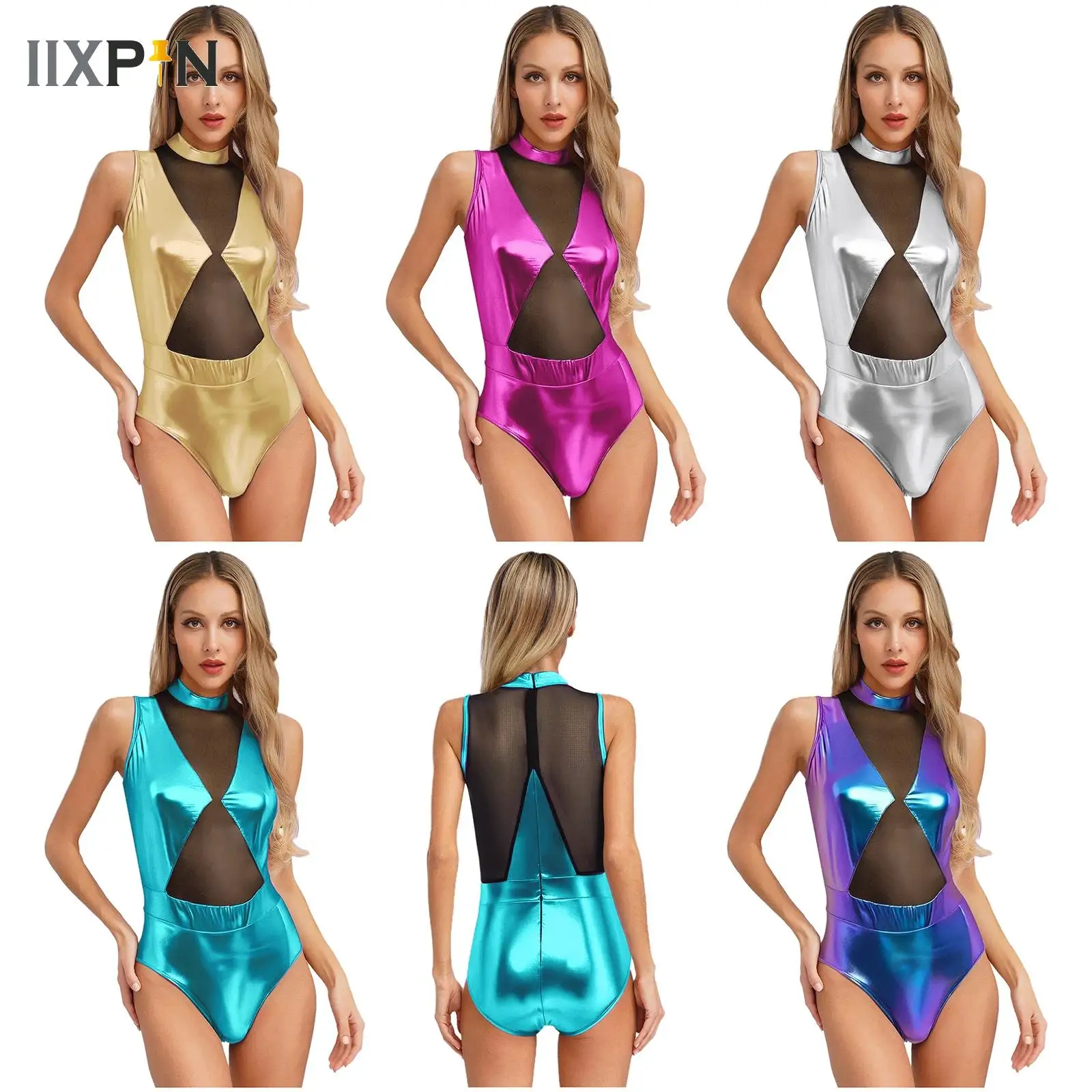 

Women Metallic Shiny Bodysuit Jumpsuit Chic Mesh Patchwork Catsuit Sleeveless Dance Clubwear Halloween Saucer Cosplay Costumes