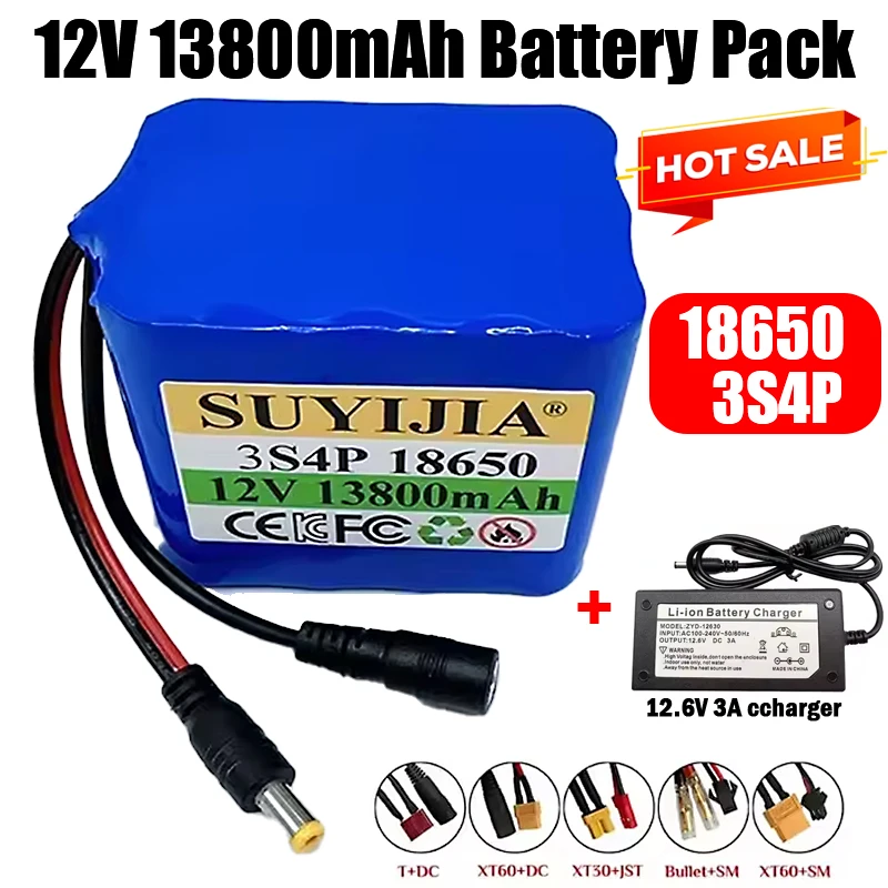 

12V 13800mAh 18650 3S4P w/BMS Rechargeable Lithium Battery for LED Lighting Traffic Signs Marine Drone Speakers Fishing Battery