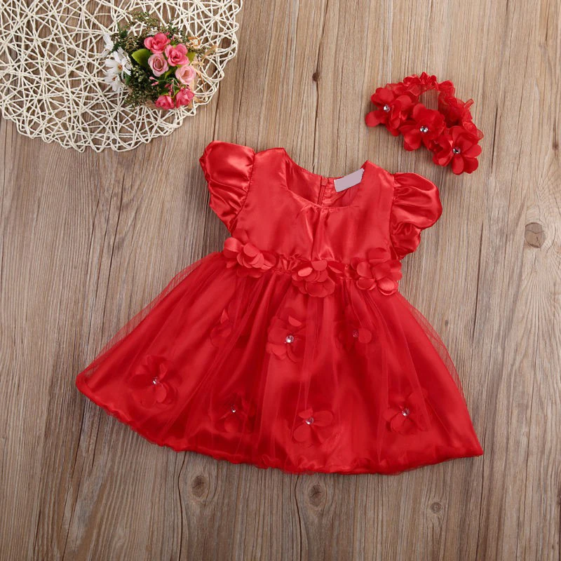 Newborn Baby Girls Dress Wedding Party Princess Dress With Headband Red Puff Sleeve Lace Bow Flower Summer Red Elegant Skirt