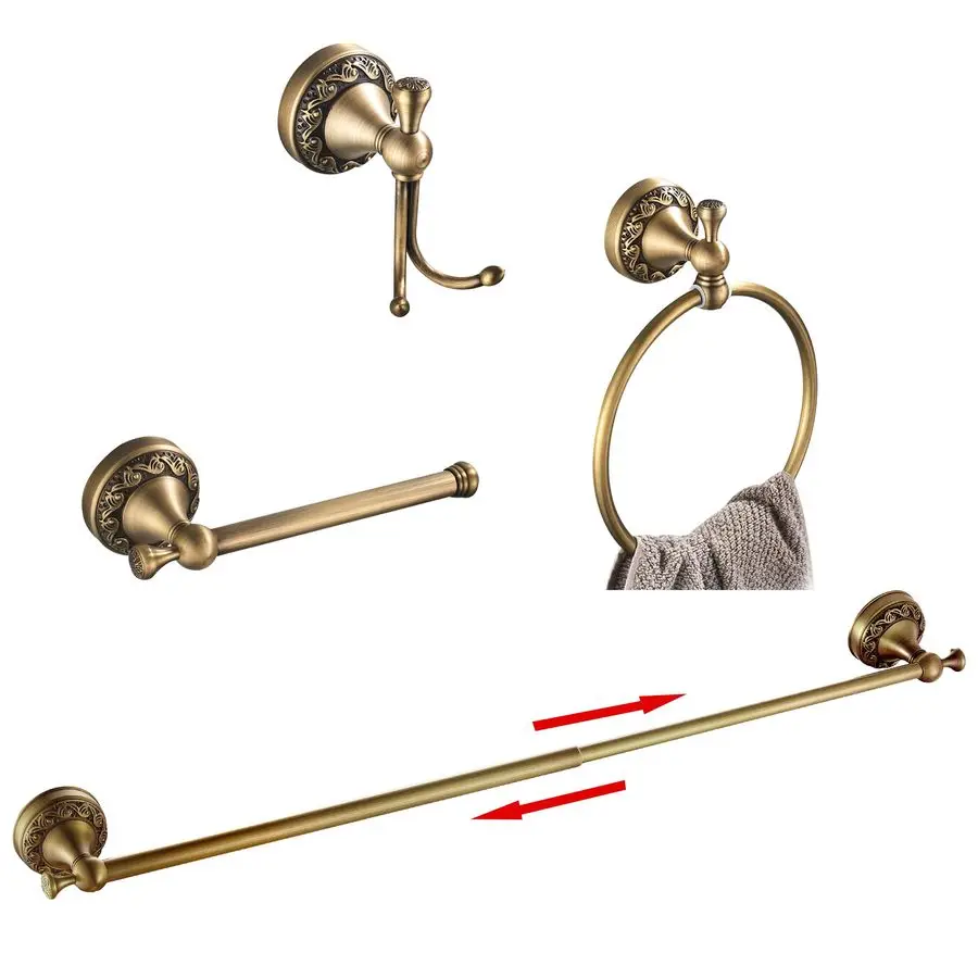 

Antique Brass Towel Bar Set, Adjustable Bathroom Accessories Include Expandable Towel Holder Toilet Paper Holder Towel Ring Robe