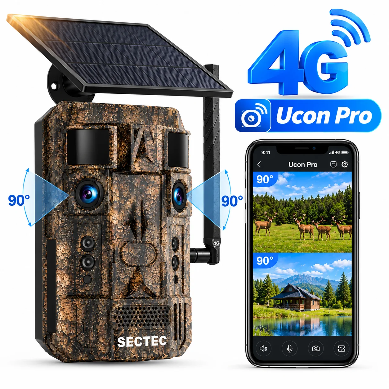 SECTEC Dual Lens 4G GPS Trail Camera 24MP Night Vision Cellular Wildlife Camera 180° Wide Angle IP66 for Animal Monitoring