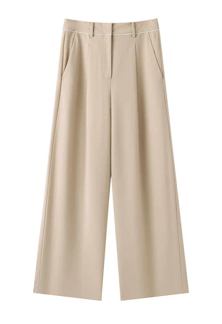 KL9523338 Hoch taillierte Hose aus Wollmischung mit weitem Bein für Damen, plissierte Vorderseite, Herbstmode, Damenbekleidung – Detail 13