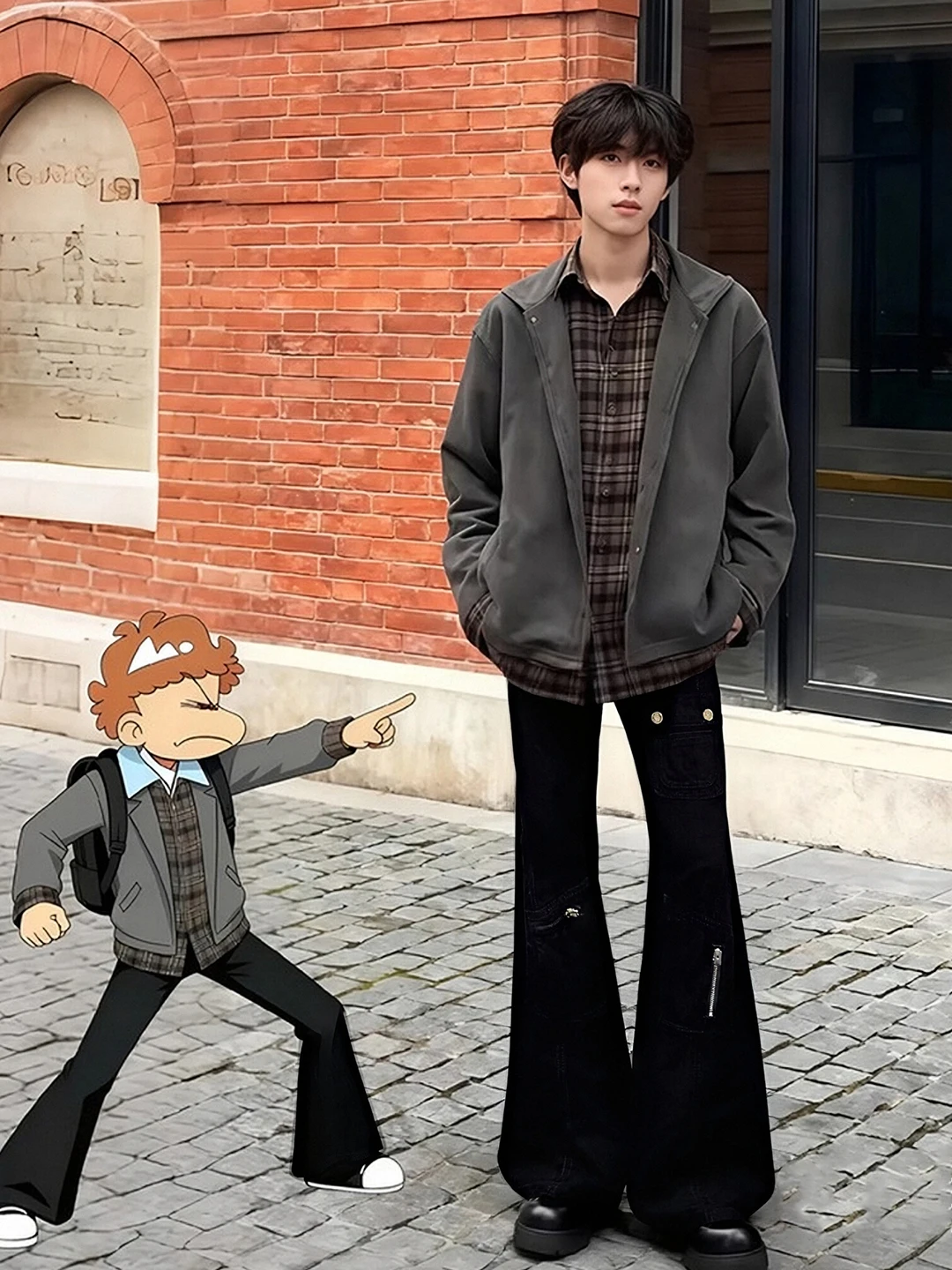 

Black Men's Bell Bottom Jeans Multiple Pockets High Waist American High Street Design Knife Workwear Trousers Extended L...