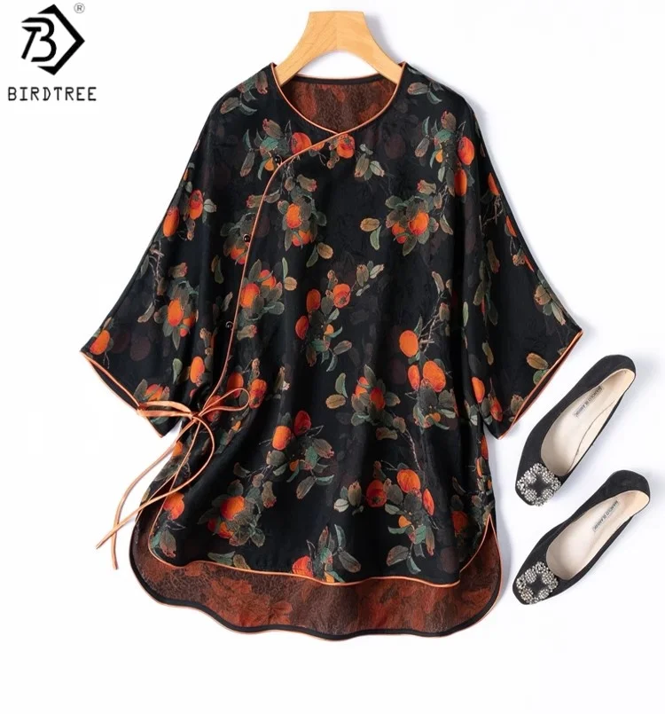 

Birdtree Summer 100% Mulberry Silk Chinese Style Shirt,Women V-neck Persimmon Print Belt Loose Blouse Tops,2025 New T57308JF
