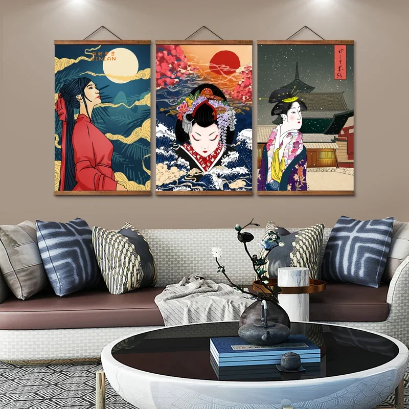 Japanese Ukiyoe Room Wall Art Canvas Posters Prints Picture Decoration with Solid Wood Hanging Scroll