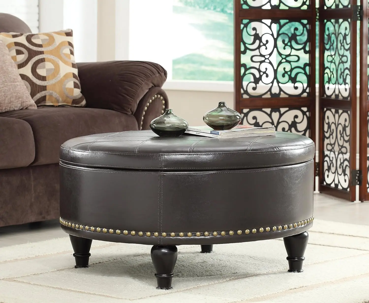 INSPIRED by Bassett OSP Home Furnishings Augusta Round Storage Ottoman with Decorative