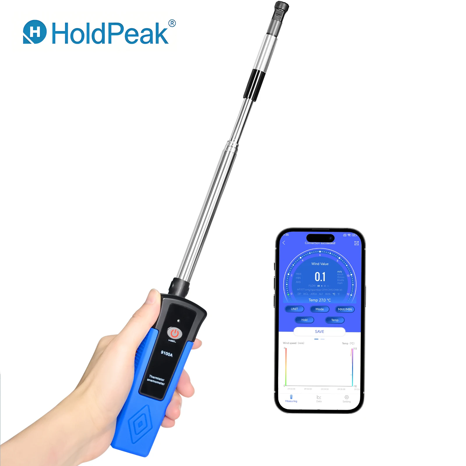 Bluetooth Thermal Anemometer 0-40m/s 650mm Extendable Probe APP Control Airflow Temp Detector HVAC Ventilation Industrial Tester