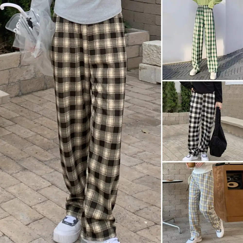 Elastic Waist Women Trousers Comfortable Velvet Pants Plaid Print High Waist Wide Leg Winter Pants with for Women for Weather