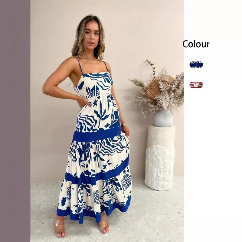 2025 Summer Fashion New Collection Bohemian Dress Women's Elegant Printed Pattern Color Blocked Strap One Shoulder Dress