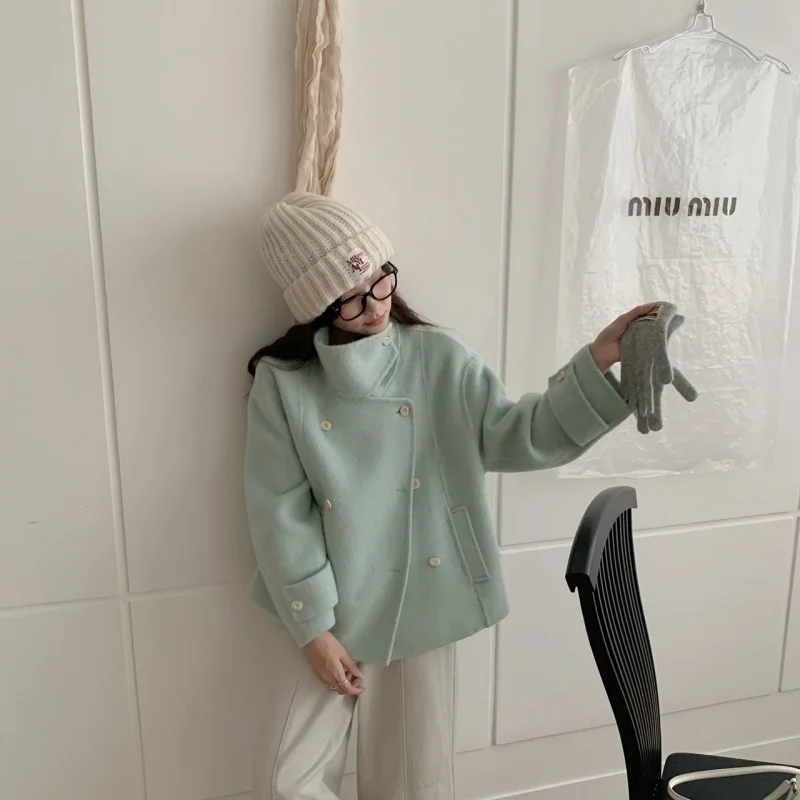 Women 100% Wool Coat Stand Collar Double Breasted Short Jacket Loose Casual Woolen Outerwear